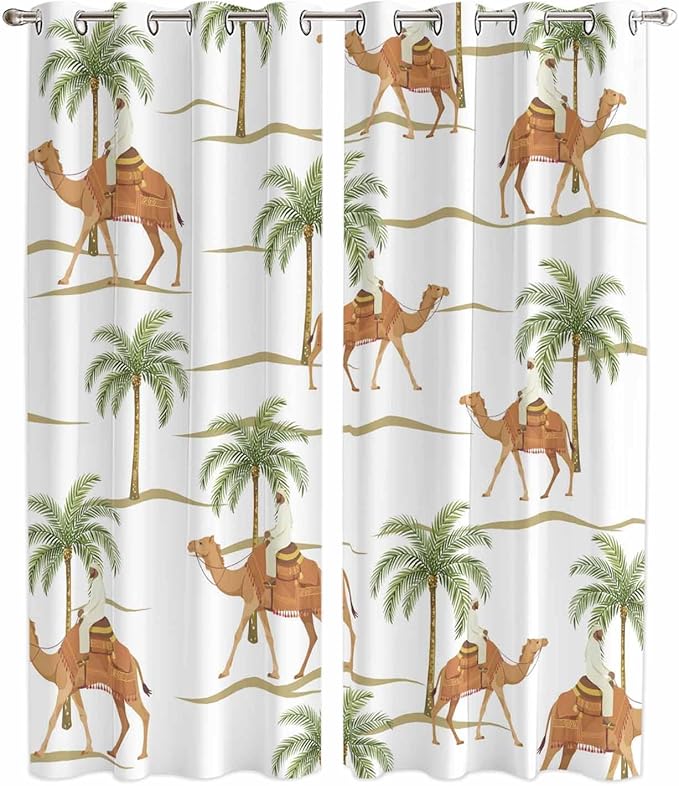 2 Panel Kitchen Cafe Curtains, Desert Camels Sunlight Filtering Nature Air Through, Home Decor Window Covering Tier Curtains for Bedroom Living Room 80W x 84L inch Tropical Date Palm Trees Animal