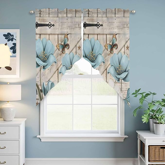 Teal Blue Tulips Swag Valances for Windows, Spring Floral Barn Doors Vintage Wood Beige Rod Pocket Kitchen Curtains Valance, Small Window Curtains Swag for Cafe Living Room, 2 Panels, 36x36 inch