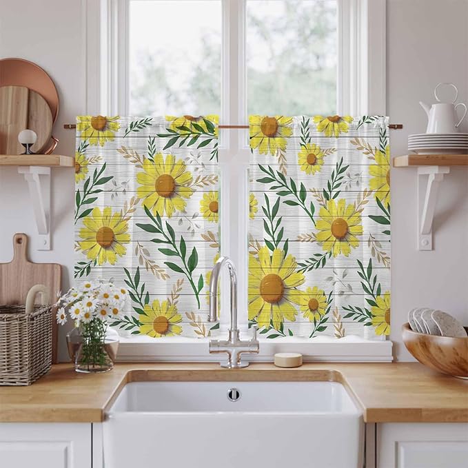 Yellow Daisy Kitchen Curtains, Farmhouse Country Flower Leaf Plant Wood Grain Light Filtering Window Curtain Panels, 2Pcs Rod Pocket Window Treatments Set for Cabin Bathroom Bedroom 52x45 Inches