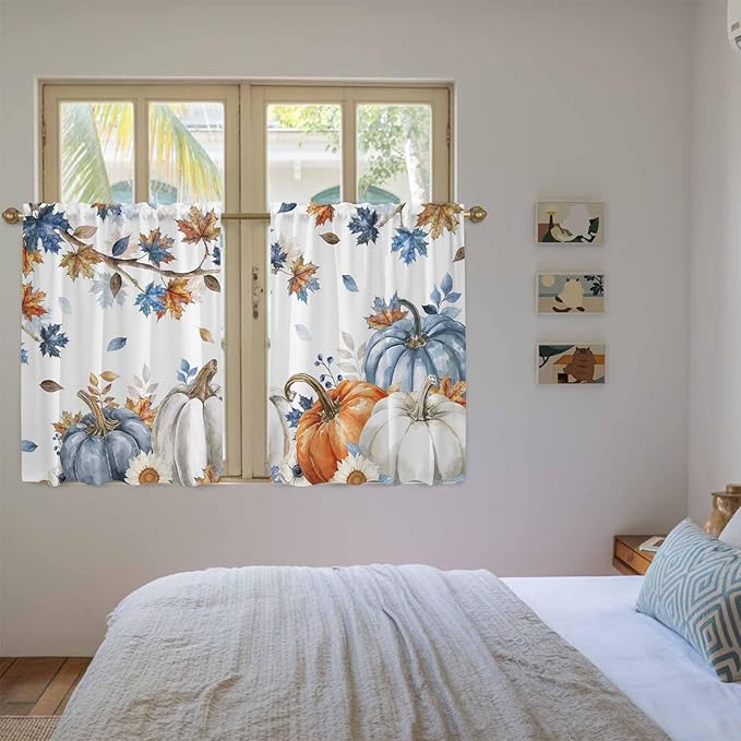 Navy Blue Pumpkin Fall Kitchen Curtains 45 Inch Long 2 Panel Set, Rod Pocket Window Treatment, Thanksgiving Maple Leaves Branches Light Filtering Panels Short Drapes for Bathroom Camper 42"W x 45"L