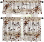 Kitchen Curtains Tiers and Valance Set of 3, Texas Star Brown Light Filtering Window Curtain Set, Farmhouse Retro Branches Wooden Grain Rod Pocket Curtain Drapes for Cafe, Living Room, 36 Inches Tiers