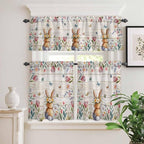 Kitchen Curtains Tiers and Valance Set of 3, Easter Light Filtering Window Curtain Set, Spring Bunny Butterfly Botanical Wooden Grain Rod Pocket Curtain Drapes for Cafe, Living Room, 36 Inches Tiers