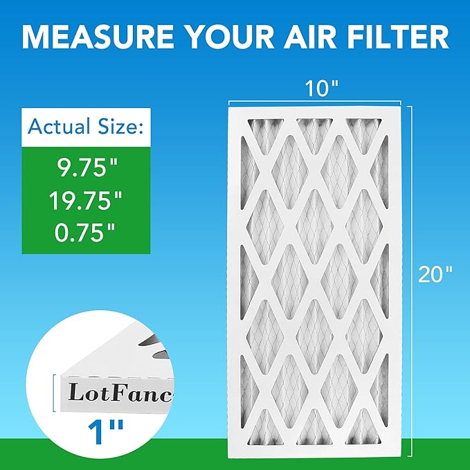LotFancy 10x20x1 Air Filter MERV 8 6-Pack, Electrostatic Pleated Furnace & AC Filter, Captures Dust, Pet Hair, Pollen, Actual Size: 9.75"x19.75"x0.75"