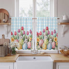 Easter Kitchen Curtains 45 Inch Long 2 Panel Set,Rod Pocket Window Treatment,Spring Bunny Colorful Eggs Tulip Flowers Blue Check Light Filtering Short Curtains & Drapes Laundry 52"W x 45"L