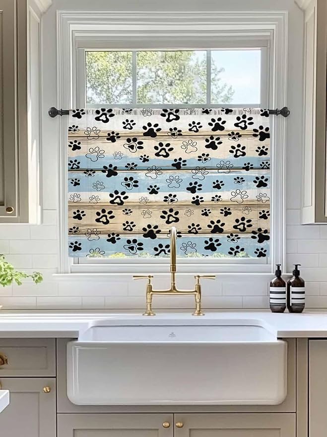 Sheer Curtains 45 Inch Length, Blue Dog Paw Print Semi Sheer Curtains Light Filtering Window Treatment, Vintage Farmhouse Rustic Wooden Grain Privacy Voile Drapes for Living Room Bedroom 52x45 Inch