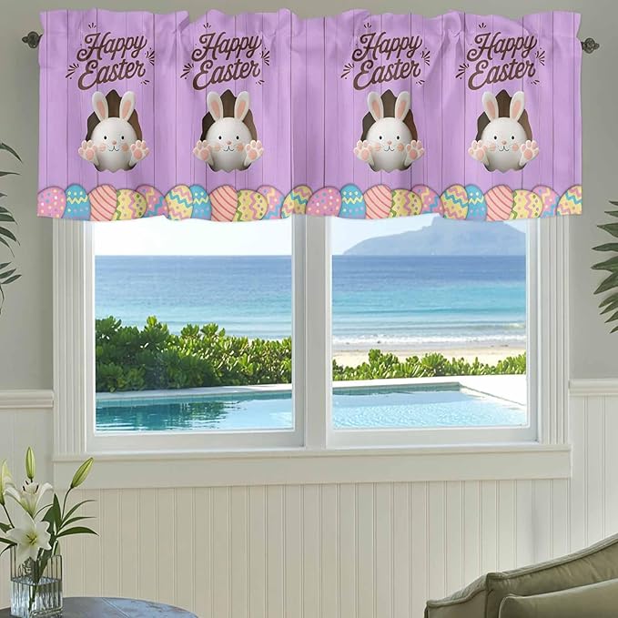 Purple Easter Curtain Valances for Windows, Kitchen Valance Window Treatment, Spring Cartoon Bunny Colorful Eggs Wood Grain Light Filtering Block Curtains for Bathroom/Bedroom/Living Room 42'' x 12''