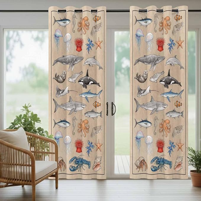Vintage Outdoor Curtains for Patio Sharks Whales Lobsters Biographies Waterproof Outside Curtains with Grommet Top Weatherproof Curtain for Cabana Pergola Gazebo, 2 Pack, 54" W x 108" L