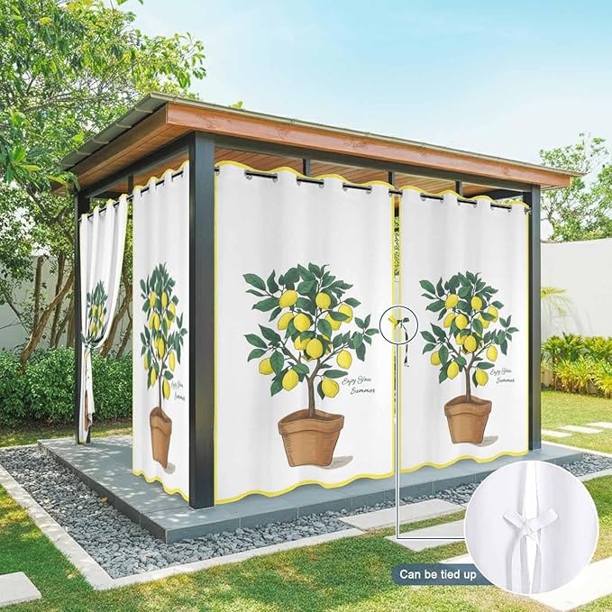 Lemons Outdoor Curtains for Patio Summer Fruit Lemon Tree Waterproof Outside Curtains with Grommet Top Weatherproof Curtain for Cabana Pergola Gazebo, 1 Panel, 54" W x 95" L