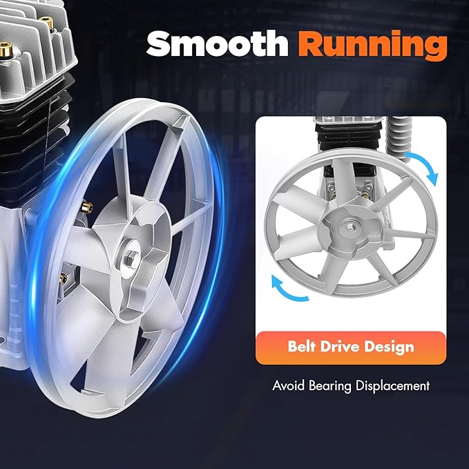 Air Compressor Pump Head, 2HP Air Compressor Pump-Head, 1500W Portable 52.83Gal/Min 10.24in Pulley Outer Diameter Aluminum Painting Twin Cylinder W/oil drain plug, Air Filter Muffler