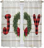 Christmas Wreaths Window Curtains 63 Inch Long 2 Panel Set, Rod Pocket Bedroom Curtains & Drapes, Winter Bow Plaid Farmhouse Wooden Grain Light Filtering Window Treatment for Living Room 42"W x 63"L