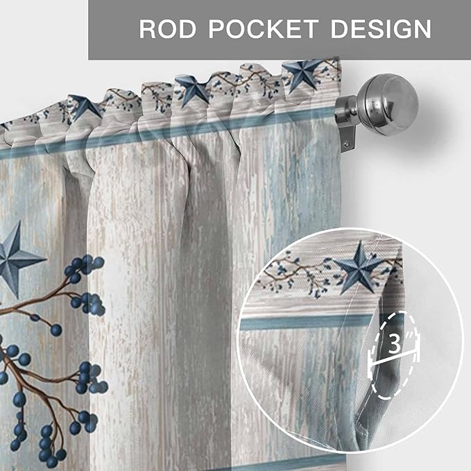 Texas Star Blue Curtain Valances for Windows, Kitchen Valance Window Treatment, Farmhouse Country Branches Wooden Grain Light Filtering Block Curtains for Bathroom/Bedroom/Living Room 54'' x 18''