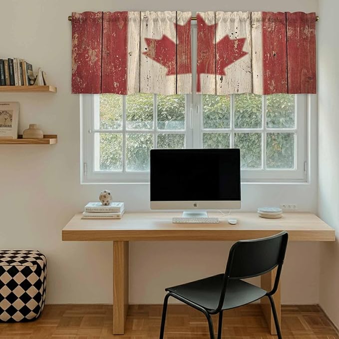 Canada Tier Curtains, Red Maple Leaf Flag Vintage Farmhouse Wooden Grain Light Filtering Kitchen Curtains, 2Pcs Rod Pocket Half Window Treatments Panels for Sink Cafe Cabinet Camper 27.5x36 Inches