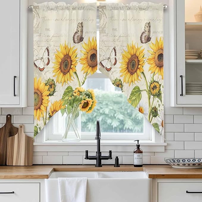 Farm Sunflowers Swag Valances for Windows, Retro Flowers Butterfly Botanical Beige Rod Pocket Kitchen Curtains Valance, Small Window Curtains Swag for Cafe Bathroom Living Room, 2 Panels, 28x36 inch