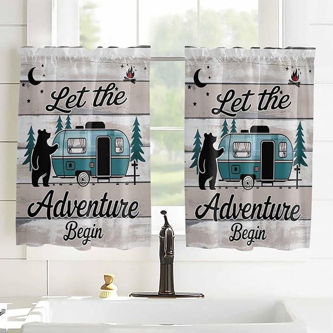 Farmhouse Bear Camper Van Tree Window Valance Curtains, Vintage Wood Grain Light Filtering Kitchen Valance with 3-inch Rod Pocket for Living Room Bathroom Bedroom,2 Panel,42x54In