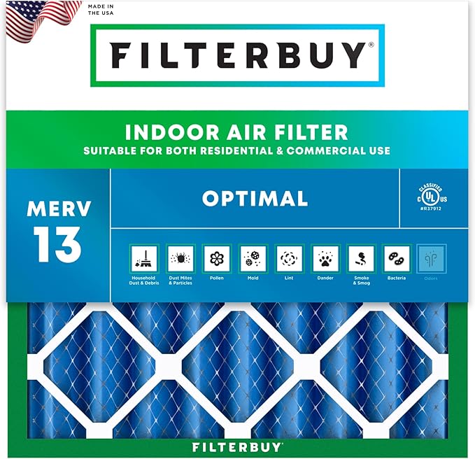 Filterbuy 24x24x4 Air Filter MERV 13 Optimal Smoke & Allergy Defense (1-Pack), Electrostatic Pleated HVAC AC Furnace Filters Replacement, Made in USA (Actual Size: 23.38 x 23.38 x 3.63)