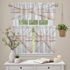 Kitchen Window Curtains Valance and Tier Set, Farmhouse Retro Wooden Barn Rod Pocket Tier Curtain Valance Set, Vintage Village Wood Grain Light Filtering Cafe Curtains for Bedroom Living Room