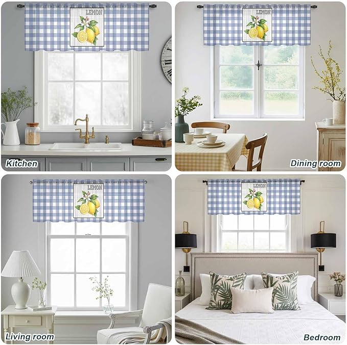 Lemon Sheer Valance Curtains, Summer Fruit Floral Wood Grain Blue Plaid Light Filtering Kitchen Valances Rod Pocket Voile Curtain Window Treatment for Bedroom/Living Room/Basement 42Wx18L