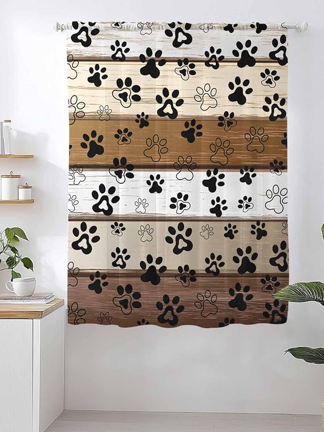 Sheer Curtains 63 Inch Length, Brown Beige Farmhouse Semi Sheer Curtains Light Filtering Window Treatment, Black Dog Paw Vintage Wooden Privacy Voile Drapes for Living Room Bedroom 52x63 Inch