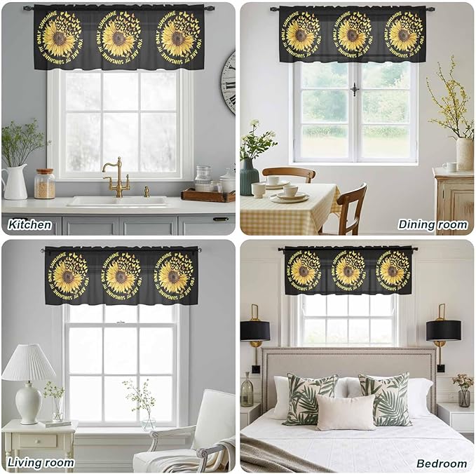 YOU ARE MY SUNSHINE Sheer Valance Curtains, Summer Sunflowers Golden Gradient Butterflies Light Filtering Kitchen Valances Rod Pocket Voile Curtain Treatment for Bedroom/Living Room/Basement 54Wx18L