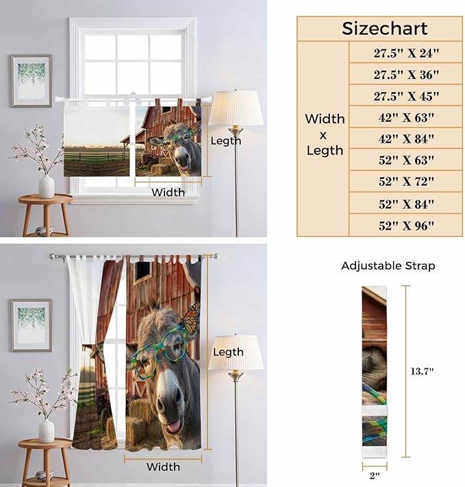 Farm Donkeys Kitchen Curtains 24 Inch Length, Small Window Curtains Tab Top, Farmhouse Barn Funny Animals Butterfly Light Filtering Short Window Treatments Tier Drapes 27.5"x24" 2 Panel