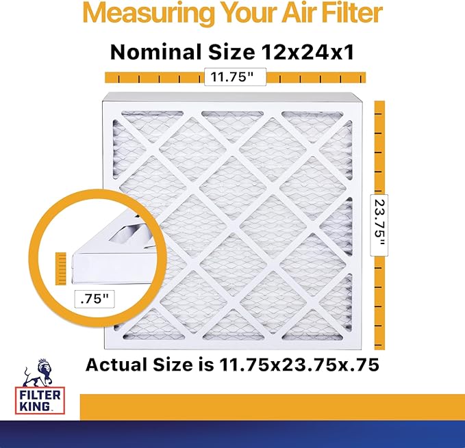 Filter King 12x24x1 Air Filter | 4-PACK | MERV 13 HVAC Pleated A/C Furnace Filters | MADE IN USA | Actual Size: 11.75 x 23.75 x .75"