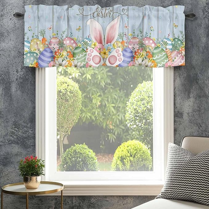 Easter Curtain Valances for Windows, Kitchen Valance Window Treatment, Spring Eggs Rabbit Ear Flowers Wooden Grain Light Filtering Block Curtains for Bathroom/Bedroom/Living Room 42'' x 12''
