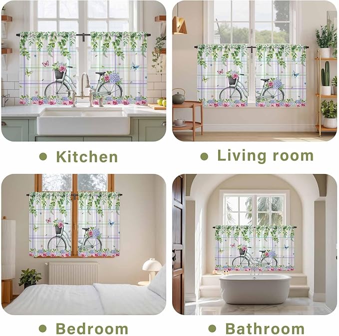 Spring Kitchen Curtains, Bicycles Botanical Leaves Rose Colorful Stripes Light Filtering Window Curtain Panels, 2Pcs Rod Pocket Window Treatments Set for RV Dining Room Study Room 42x54 Inches