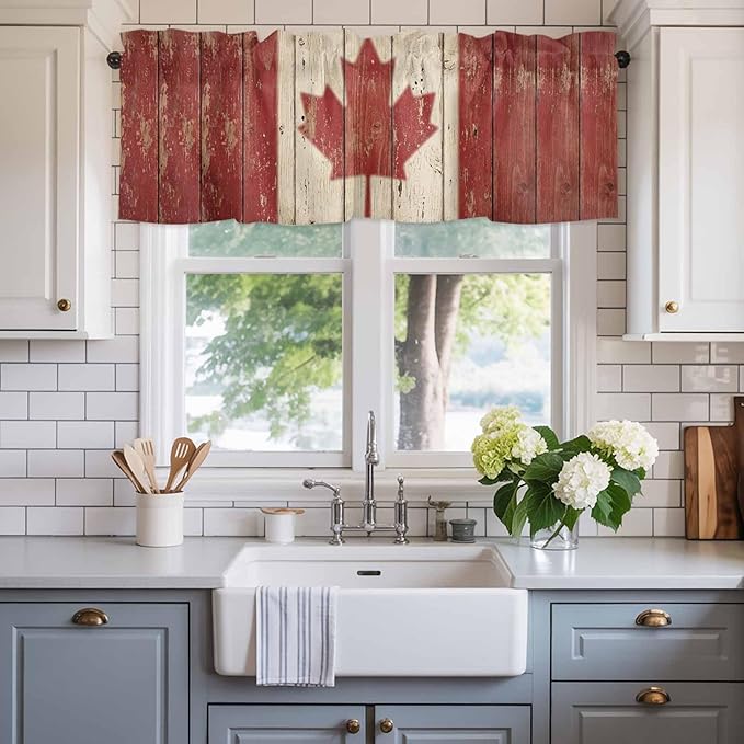 Canada Curtain Valances for Windows, Kitchen Valance Window Treatment, Red Maple Leaf Flag Vintage Farmhouse Wooden Grain Light Filtering Block Curtains for Bathroom/Bedroom/Living Room 60'' x 18''