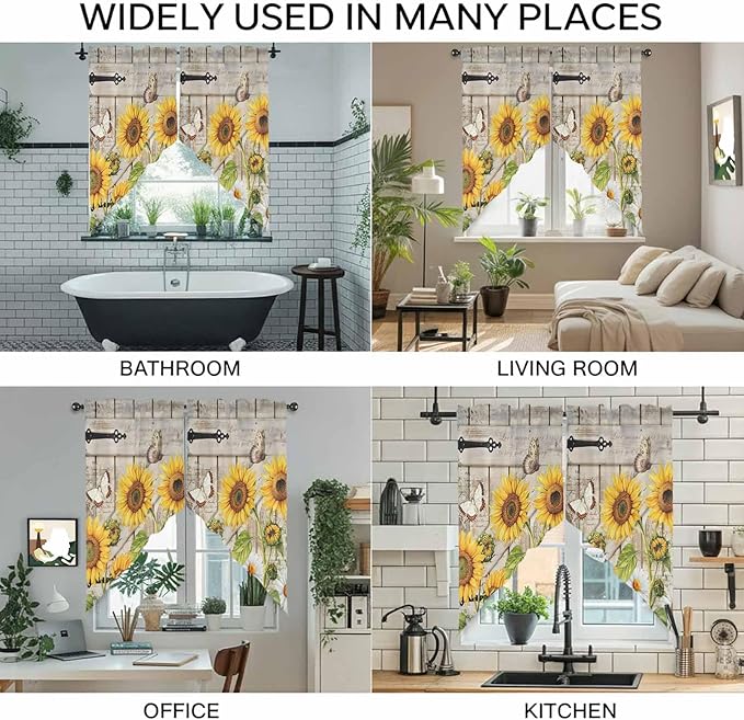 Farm Flowers Swag Valances for Windows, Retro Sunflowers Barn Doors Butterfly Wood Board Rod Pocket Kitchen Curtains Valance, Kitchen Window Curtains Swag for Cafe Living Room, 2 Panels, 36x63 inch