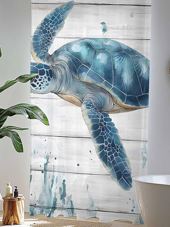 Sheer Curtains 108 Inches Long, Teal Green Ocean Turtle Semi Sheer Curtains Light Filtering Window Treatment, Coastal Seaweed Wood Grain Privacy Voile Drapes for Living Room Bedroom 52x108 Inch