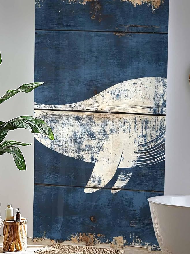 Sheer Curtains 108 Inches Long, Ocean Whale Blue Semi Sheer Curtains Light Filtering Window Treatment, Summer Sea Vintage Wooden Grain Privacy Voile Drapes for Living Room Bedroom 52x108 Inch