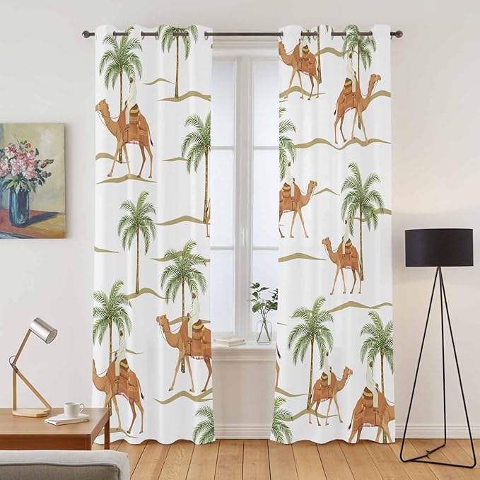 2 Panel Kitchen Cafe Curtains, Desert Camels Sunlight Filtering Nature Air Through, Home Decor Window Covering Tier Curtains for Bedroom Living Room 104W x 90L inch Tropical Date Palm Trees Animal