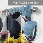 Cow Sunflowers Curtain Valances for Windows, Kitchen Valance Window Treatment, Farmhouse Animal Blue Sky Wooden Grain Light Filtering Block Curtains for Bathroom/Bedroom/Living Room 54'' x 18''