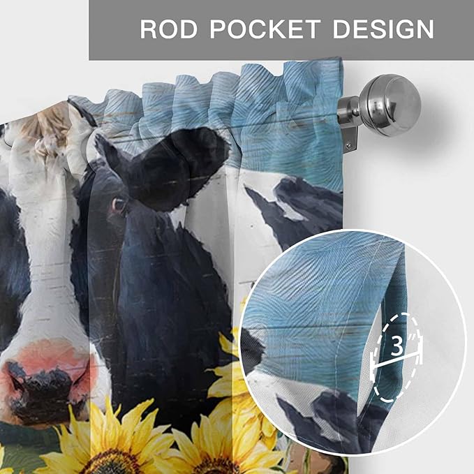 Cow Sunflowers Curtain Valances for Windows, Kitchen Valance Window Treatment, Farmhouse Animal Blue Sky Wooden Grain Light Filtering Block Curtains for Bathroom/Bedroom/Living Room 42'' x 12''