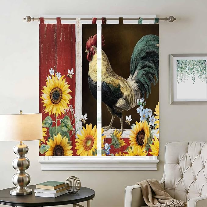 Chicken Sunflowers Bedroom Curtains 72 Inch Length, Window Curtains Tab Top, Farmhouse Animals Red Barn Bees Light Filtering Window Treatments Drapes 52"x72" 2 Panel