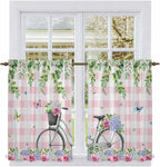 Spring Kitchen Curtains, Bicycles Leaves Butterfly Flowers Pink Buffalo Plaid Light Filtering Window Curtain Panels, 2Pcs Rod Pocket Window Treatments Set for RV Dining Room Study Room 42x45 Inches