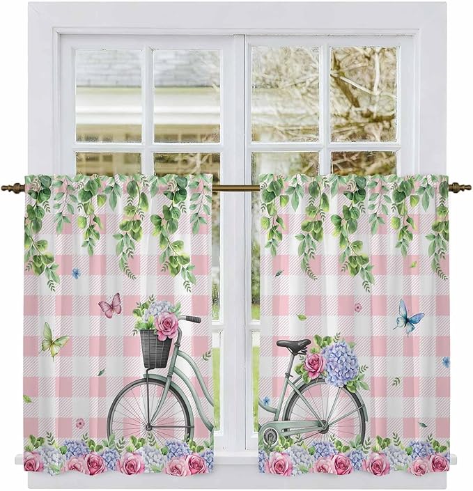 Spring Kitchen Curtains, Bicycles Leaves Butterfly Flowers Pink Buffalo Plaid Light Filtering Window Curtain Panels, 2Pcs Rod Pocket Window Treatments Set for RV Dining Room Study Room 42x45 Inches