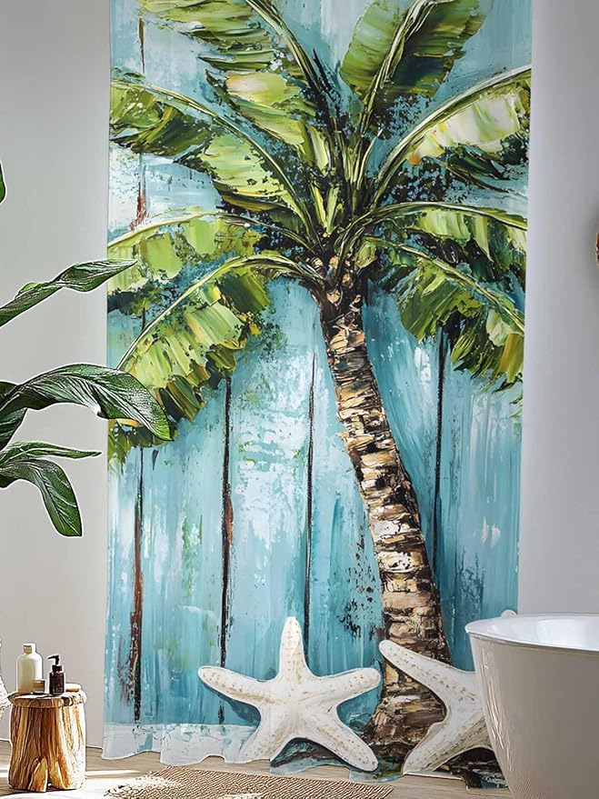 Sheer Curtains 96 Inches Long, Coastal Beach Starfish Semi Sheer Curtains Light Filtering Window Treatment, Blue Green Tropical Palm Tree Wood Grain Privacy Voile Drapes for Living Room 52x96 Inch