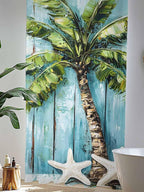 Sheer Curtains 108 Inches Long, Coastal Beach Starfish Semi Sheer Curtains Light Filtering Window Treatment, Blue Green Tropical Palm Tree Wood Grain Privacy Voile Drapes for Living Room 52x108 Inch