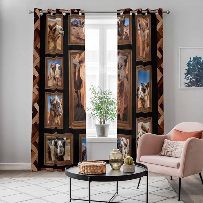 2 Panel Kitchen Cafe Curtains, Desert Camels Sunlight Filtering Nature Air Through, Home Decor Window Covering Tier Curtains for Living Room 104W x 96L inch Brown Wildlife Farmhouse Animals Rustic
