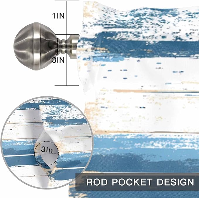 Vintage Blue Valances for Windows, Brown Wood Grain Mottled Texture Abstract Art Kitchen Valance Light Filtering Rod Pocket Short Curtains for Kitchen Bathroom, 1 Panel, 60"x18"