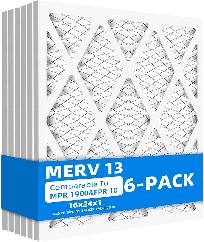 (6 Pack) 16x24x1 Air Filters, MPR 1900 & FPR 10, MERV 13 Pleated Air Filter (Actual Size: 15.75" x 23.75" x 0.75")