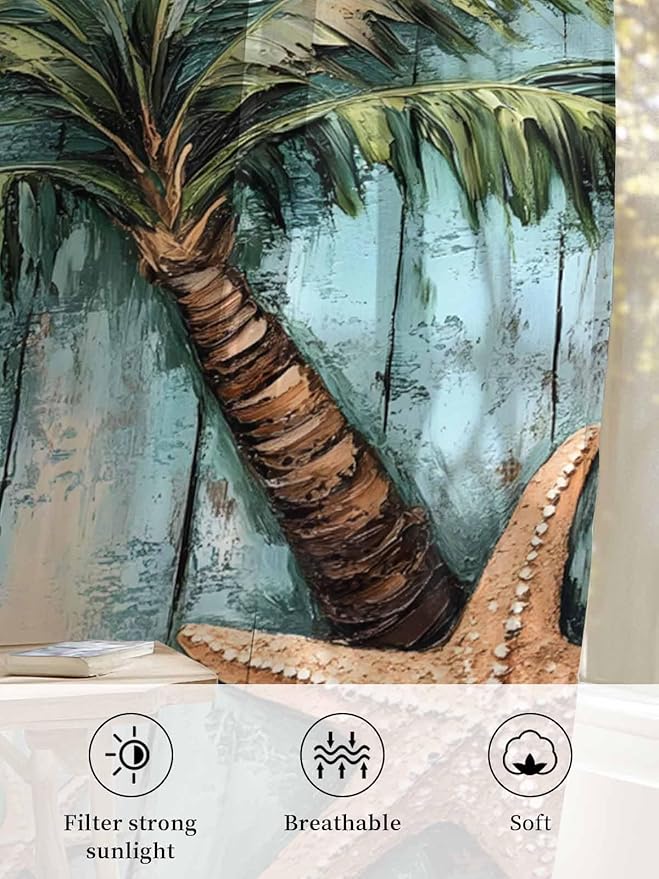 Sheer Curtains 54 Inch Length, Coastal Blue Green Tree Semi Sheer Curtains Light Filtering Window Treatment, Beach Tropical Vintage Wood Grain Privacy Voile Drapes for Living Room Bedroom 52x54 Inch