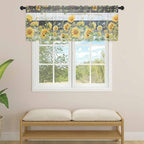 Summer Floral Sheer Valance Curtains, Watercolor Sunflower Eucalyptus Leaves Black Wood Grain Light Filtering Kitchen Valances Rod Pocket Voile Curtain for Bedroom/Living Room/Basement 60Wx18L