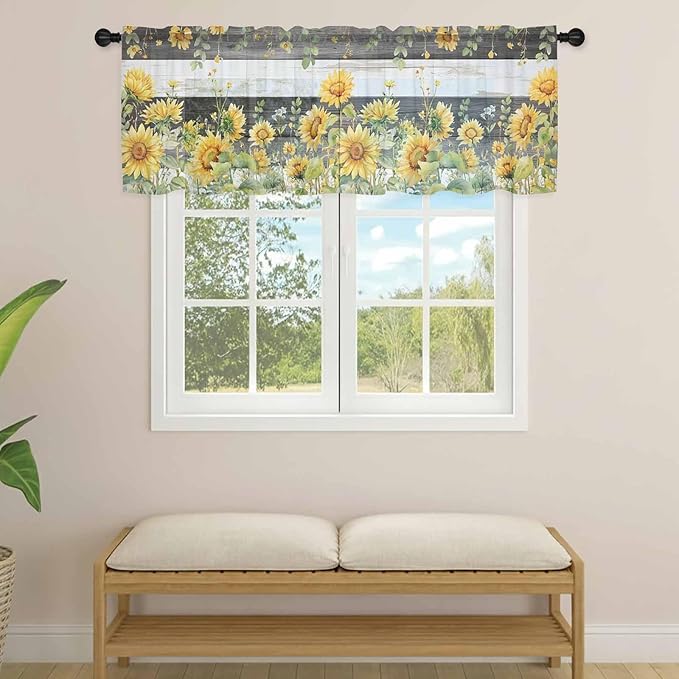 Summer Floral Sheer Valance Curtains, Watercolor Sunflower Eucalyptus Leaves Black Wood Grain Light Filtering Kitchen Valances Rod Pocket Voile Curtain for Bedroom/Living Room/Basement 42Wx18L