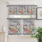 Kitchen Curtains Tiers and Valance Set of 3, Spring Flowers Light Filtering Window Curtain Set, Farmhouse Black Plaid Wood Grain Rod Pocket Curtain Drapes for Cafe, Living Room, 36 Inches Tiers