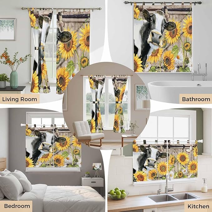 Retro Farmhouse Flower Living Room Curtains 84 Inch Length, Window Curtains Tab Top, Yellow Sunflowers Cow Barn Doors Brown Light Filtering Window Treatments Drapes 42"x84" 2 Panel