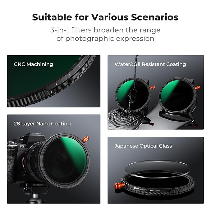 K&F CONCEPT 77mm Black Diffusion Mist Effect 1/4 & Variable ND2-32(1-5 Stops) & Circular Polarizing Filter CPL-in 1 HD Lens Filter with 28 Multi-Coatings for Camera Lenses (Nano-X Series)