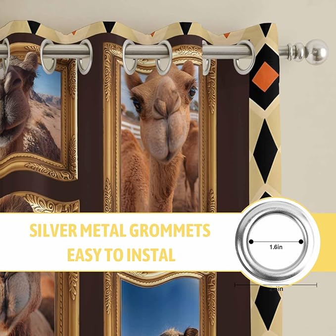 2 Panel Kitchen Cafe Curtains, Wildlife Camels Sunlight Filtering Nature Air Through, Home Decor Window Covering Tier Curtains for Bedroom Living Room Deserts Animals Brown Geometric Rustic