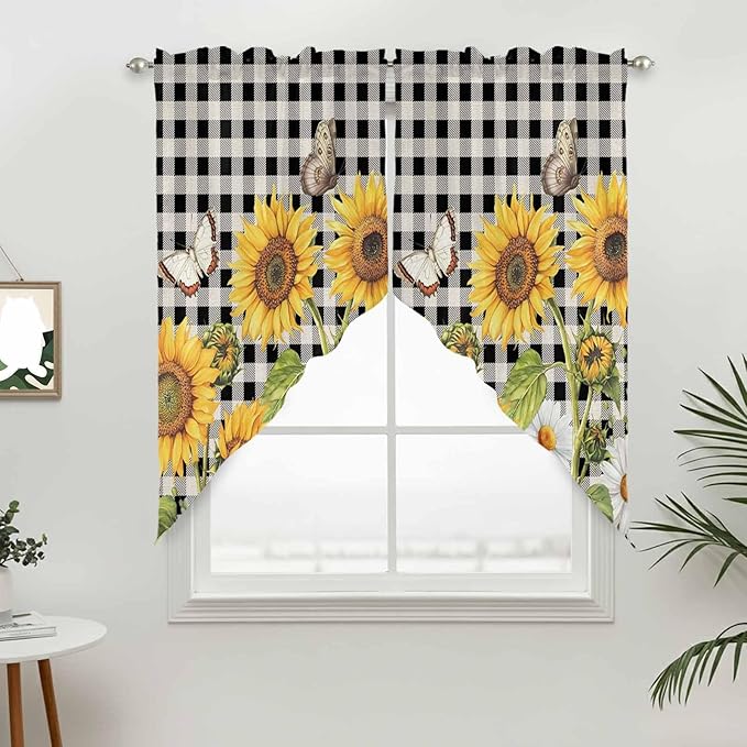 Sunflowers Swag Valances for Windows, Yellow Flowers Butterfly Farmhouse Black Plaid Rod Pocket Kitchen Curtains Valance, Small Window Curtains Swag for Cafe Bathroom Living Room, 2 Panels, 36x36 inch